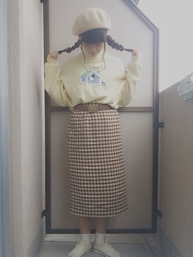 「スウエット」｜「アイテム（ハンチング/ベレー帽）」を使った、し　ゐさん（レディース・154cm）の春コーディネート