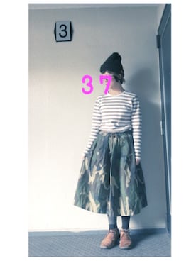 「カモ柄」｜「アイテム（ニットキャップ/ビーニー）」を使った、37さん（レディース・154cm）の冬コーディネート