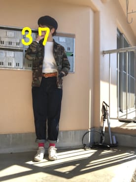 「カモ柄」｜「アイテム（ハンチング/ベレー帽）」を使った、37さん（レディース・154cm）の春コーディネート