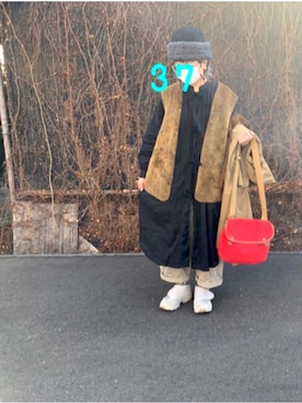 「ロングシャツ」｜「アイテム（ステンカラーコート）」を使った、37さん（レディース・154cm）の冬コーディネート