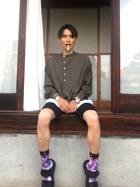 「TAKEO KIKUCHI（タケオキクチ）のアイテム（サンダル）」を使った、やぎさん（メンズ・172cm）の春コーディネート