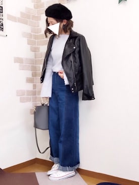 「one after another NICE CLAUP（ワンアフターアナザーナイスクラップ）のアイテム（ライダースジャケット）」を使った、welina＊さん（レディース・152cm）の冬コーディネート