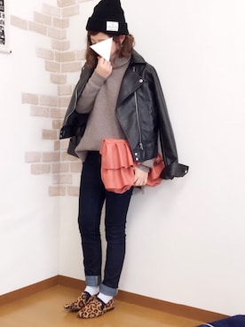 「one after another NICE CLAUP（ワンアフターアナザーナイスクラップ）のアイテム（ライダースジャケット）」を使った、welina＊さん（レディース・152cm）の冬コーディネート