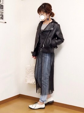 「one after another NICE CLAUP（ワンアフターアナザーナイスクラップ）のアイテム（ライダースジャケット）」を使った、welina＊さん（レディース・152cm）の春コーディネート