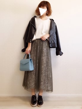 「one after another NICE CLAUP（ワンアフターアナザーナイスクラップ）のアイテム（ライダースジャケット）」を使った、welina＊さん（レディース・152cm）の春コーディネート