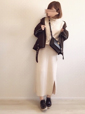 「セットアップ風」｜「アイテム（ライダースジャケット）」を使った、welina＊さん（レディース・152cm）の秋コーディネート