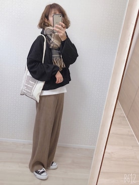 「reca（レカ）のチェック柄大判ストール（ストール/ショール）」を使った、welina＊さん（レディース・152cm）の秋コーディネート