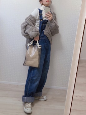 「ケーブルカーディガン」｜「アイテム（サロペット/オーバーオール）」を使った、welina＊さん（レディース・152cm）の冬コーディネート