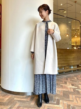 「シャツワンピ」｜「アイテム（ノーカラーコート）」を使った、misakiさん（レディース・163cm）の秋コーディネート