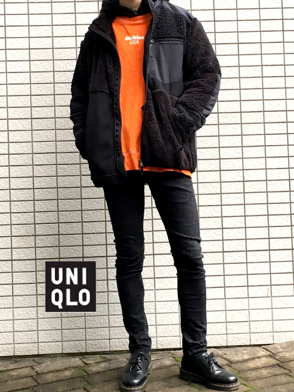 「秋コーデ、オーバーサイズ、おしゃれさんと繋がりたい、ドクターマーチン、ユニクロ、UNIQLO、リドム、スウェット、ボアジャケット、大学生」｜「Dr. MartensのDr.Martens / ドクターマーチン 1461 3EYE GIBSON SHOE 3ホール ギブソン シューズ（ドレスシューズ、ブラック系）」を使った、hiroさん（メンズ・170cm）の秋コーディネートの1枚目の写真