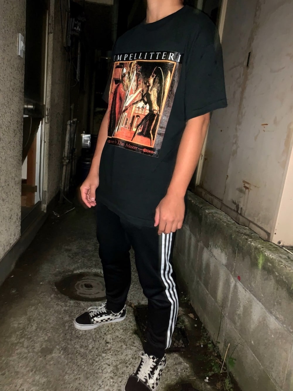 「シンプル、夏コーデ、らくちん、ライブTシャツ、アディパン、adidas originals、VANS、ブラック、Tシャツ」｜「インペリテリのアイテム（Tシャツ/カットソー、ブラック系）」を使った、natsuさん（メンズ・171cm）の夏コーディネートの1枚目の写真