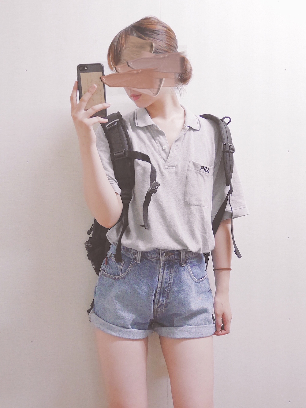 「ラクチンコーデ、パンツスタイル、outfit、ootd、古着MIX、古着、ポロシャツ、FILA、summer、お洒落さんとつながりたい」｜「COLEMANのウォーカー33/WALKER（バックパック/リュック、ブラック系）」を使った、muuuさん（レディース・164cm）の夏コーディネートの1枚目の写真
