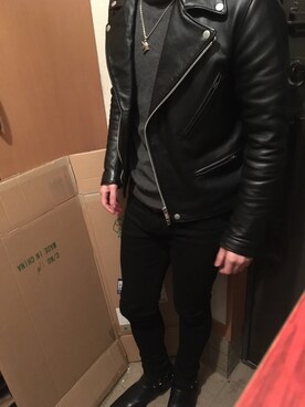 「green label relaxing（グリーンレーベルリラクシング）のアイテム（ライダースジャケット）」を使った、hitoshiさん（メンズ・169cm）の冬コーディネート