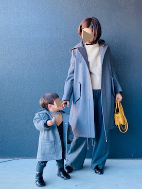 「アイテム（ダッフルコート、グレー系）」を使った、muguさん（キッズ・80cm）の冬コーディネート