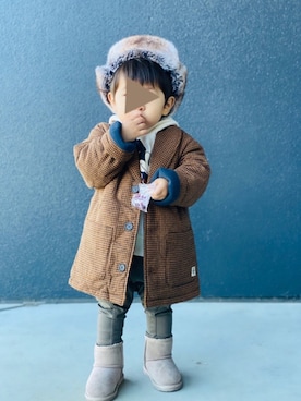 「キッズファッション」｜「アイテム（チェスターコート）」を使った、muguさん（キッズ・80cm）の冬コーディネート