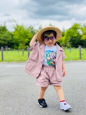 「アイテム（セットアップ、ピンク系）」を使った、muguさん（キッズ・80cm）の夏コーディネート