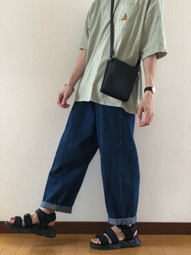 「kutir（クティール）のピザプリントTシャツ（Tシャツ/カットソー、グリーン系）」を使った、kazukiさん（メンズ・170cm）の夏コーディネート