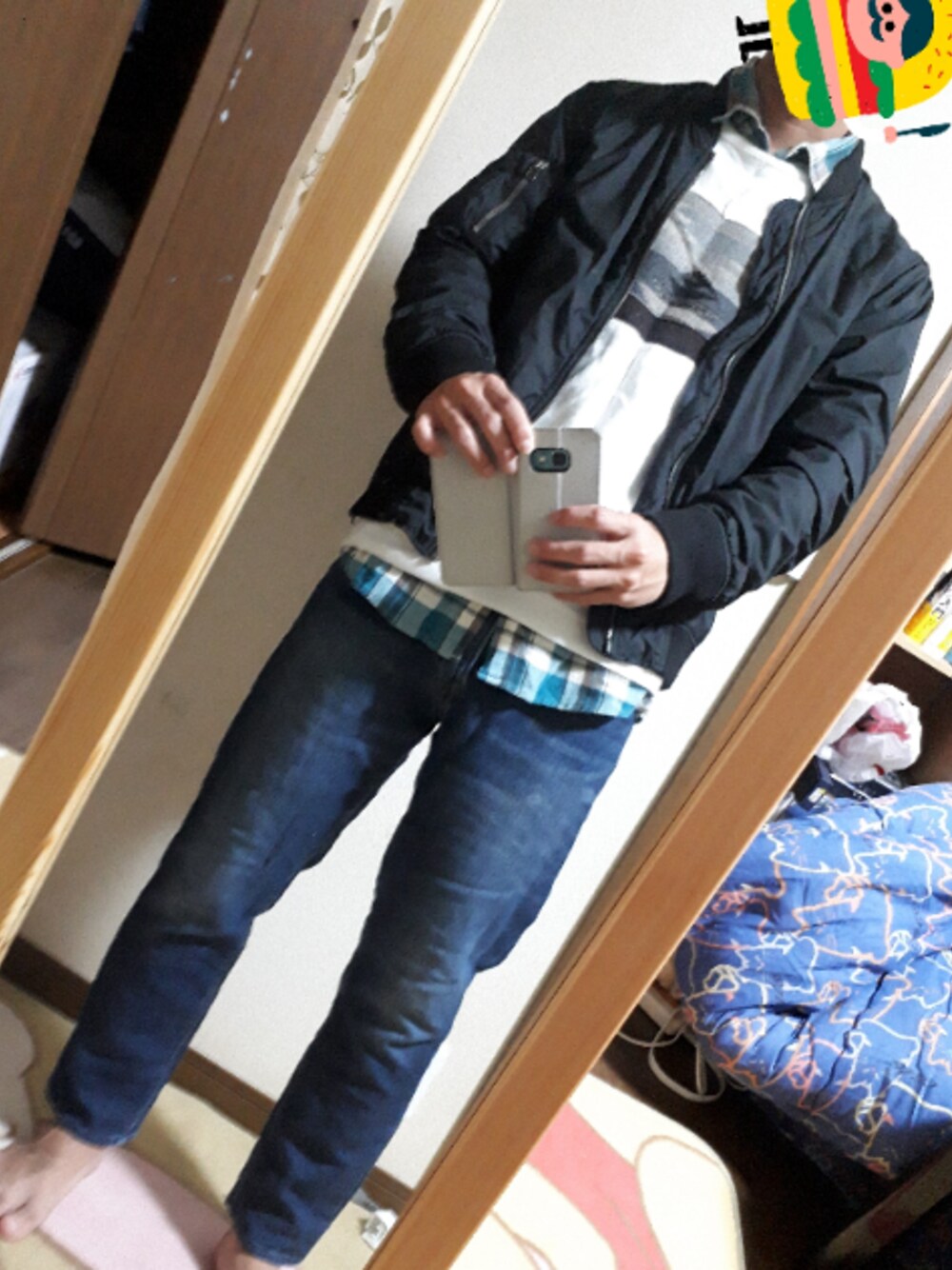 「秋コーデ、チェックシャツ感謝祭、デニム、眠い、おしゃれさんと繋がりたい、いいね、save、フォローお願いします🤑、オトナカジュアル」｜「BACK NUMBERのアイテム（MA-1、ブラック系）」を使った、めこなさん（メンズ・173cm）の秋コーディネートの1枚目の写真