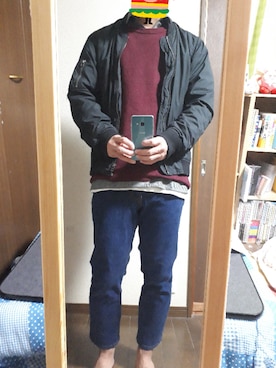 「ワインレッド」｜「アイテム（MA-1）」を使った、めこなさん（メンズ・173cm）の秋コーディネート