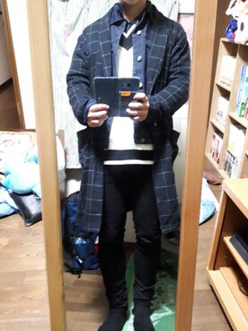 「ワッフルニット」｜「アイテム（ジャケット/アウター）」を使った、めこなさん（メンズ・173cm）の冬コーディネート