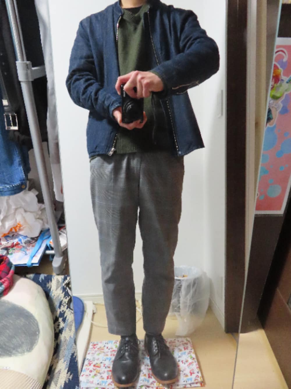 「お洒落さんとつながりたい、大人カジュアル、今日のコーデ、デニムライダース、料理人、眠い、LIDnM、LEE、スラックス、冬コーデ」｜「Right-onのデニムライダース（ライダースジャケット、ブルー系）」を使った、めこなさん（メンズ・173cm）の冬コーディネートの1枚目の写真