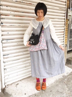 「UNIQLO（ユニクロ）のリネンブレンドAラインワンピース（ノースリーブ）（ワンピース、ブルー系）」を使った、miki3homeさん（レディース・163cm）の夏コーディネート