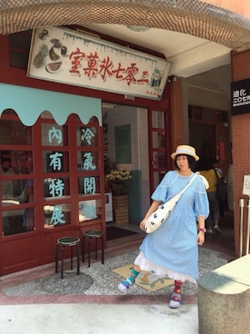 「ehka sopo（エヘカソポ）のカンカン帽（ハット、ブルー系）」を使った、miki3homeさん（レディース・163cm）の夏コーディネート