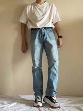 「usedのアイテム（デニムパンツ、ブルー系）」を使った、くーまさん（メンズ・169cm）の夏コーディネート