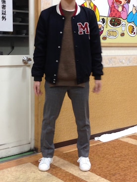 「Maison Kitsune（メゾンキツネ）のアイテム（スタジャン）」を使った、コタローさん（メンズ・165cm）の冬コーディネート