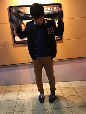 「Maison Kitsune（メゾンキツネ）のアイテム（スタジャン）」を使った、コタローさん（メンズ・165cm）の冬コーディネート