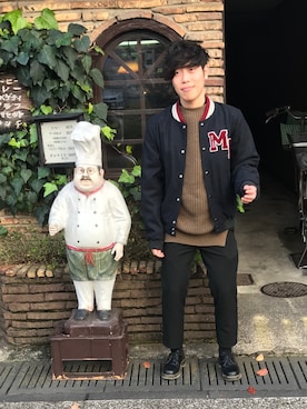 「Maison Kitsune（メゾンキツネ）のアイテム（スタジャン）」を使った、コタローさん（メンズ・165cm）の冬コーディネート