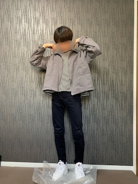 「アイテム（カバーオール、パープル系）」を使った、ろるえさん（メンズ・169cm）の冬コーディネート