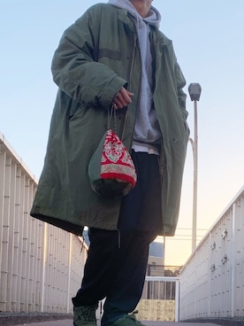 「巾着バッグ」｜「アイテム（モッズコート）」を使った、Hahaha2021さん（メンズ・177cm）の冬コーディネート
