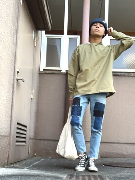 「コンバース ハイカット」｜「アイテム（ニットキャップ/ビーニー）」を使った、funa272さん（メンズ・165cm）の春コーディネート