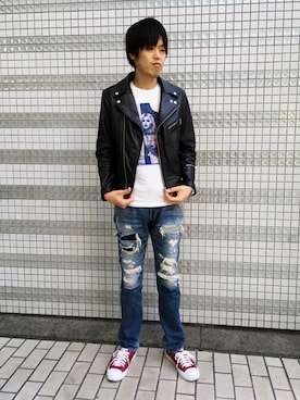 「ロックT」｜「アイテム（ライダースジャケット）」を使った、メタルジャスティスさん（メンズ・187cm）の春コーディネート