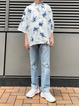 「UNIQLO（ユニクロ）のエアリズムコットンオーバーサイズTシャツ（5分袖）（Tシャツ/カットソー、ホワイト系）」を使った、snobさん（メンズ・172cm）の夏コーディネート