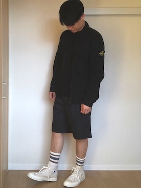 「STONE ISLAND（ストーンアイランド）のアイテム（ジャケット/アウター、ブラック系）」を使った、RamenKingさん（メンズ・175cm）の春コーディネート