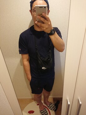 「Champion（チャンピオン）のアイテム（Tシャツ/カットソー、ブルー系）」を使った、MEGUMIさん（メンズ・174cm）の夏コーディネート