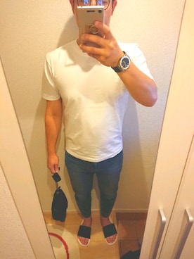 「HANES（ヘインズ）のアイテム（Tシャツ/カットソー、ホワイト系）」を使った、MEGUMIさん（メンズ・174cm）の夏コーディネート