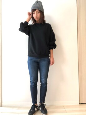 「BAYFLOW（ベイフロー）のBAYFLOW／ウラケバックZIPプルオーバー（Tシャツ/カットソー、ブラック系）」を使った、mi-kiさん（レディース・165cm）の冬コーディネート
