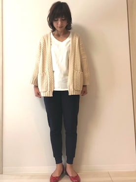 「CIAOPANIC（チャオパニック）の柄編みニットガウン（カーディガン/ボレロ、ベージュ系）」を使った、mi-kiさん（レディース・165cm）の春コーディネート