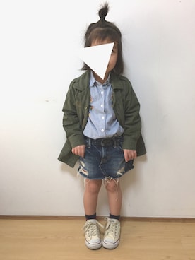 「BRANSHES（ブランシェス）のミリタリージャケット（ミリタリージャケット、グリーン系）」を使った、Rionさん（キッズ・100cm）の春コーディネート