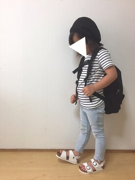 「GLOBAL WORK（グローバルワーク）の【キッズ】サマーベレー/746155（ハンチング/ベレー帽、ブラック系）」を使った、Rionさん（キッズ・100cm）の春コーディネート