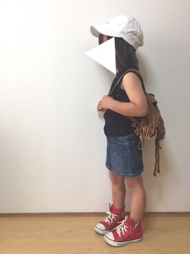 「GLOBAL WORK（グローバルワーク）の【キッズ】カラーツイルキャップ/741725（キャップ、ホワイト系）」を使った、Rionさん（キッズ・100cm）の春コーディネート