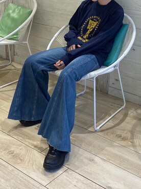 「HYSTERIC GLAMOUR（ヒステリックグラマー）のUSED加工ローライズフレアデニムパンツ（デニムパンツ、ブルー系）」を使った、otaさん（メンズ・168cm）の春コーディネート
