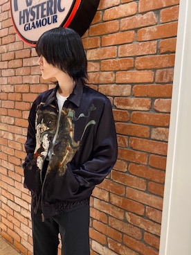 「HYSTERIC GLAMOUR（ヒステリックグラマー）の風神雷神柄 スーベニアジャケット（その他アウター、パープル系）」を使った、otaさん（メンズ・168cm）の春コーディネート
