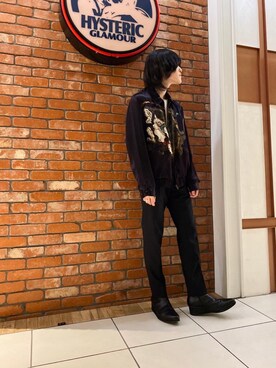 「HYSTERIC GLAMOUR（ヒステリックグラマー）の風神雷神柄 スーベニアジャケット（その他アウター、パープル系）」を使った、otaさん（メンズ・168cm）の春コーディネート