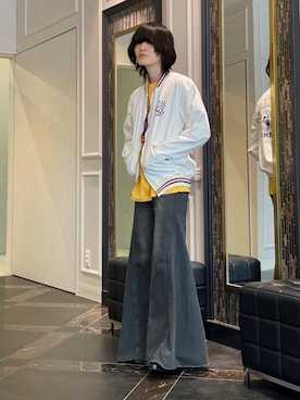 「HYSTERIC GLAMOUR（ヒステリックグラマー）のUSED加工ローライズフレアデニムパンツ（デニムパンツ、ブラック系）」を使った、otaさん（メンズ・168cm）の春コーディネート