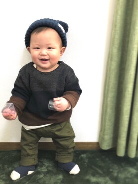 「9ヶ月」｜「アイテム（ニットキャップ/ビーニー）」を使った、key.さん（キッズ・70cm）の冬コーディネート