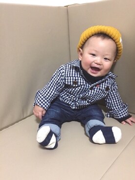「赤ちゃん」｜「アイテム（デニムジャケット）」を使った、key.さん（キッズ・60cm）の冬コーディネート